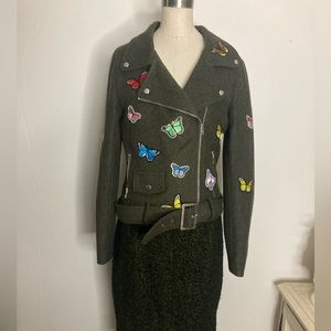 Cute wool blend moto jacket with butterfly patches in olive green
